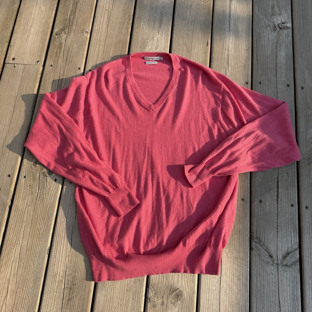 Peter Millar Womens L Pink Cotton Cashmere V Neck Sweater Preppy Quiet Luxury